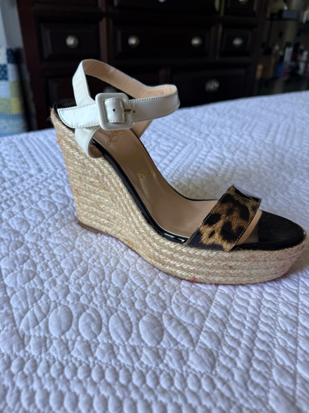Christian Louboutin White Leather and Leopard Espadrille Wedge Sandals - Picture 8 of 9